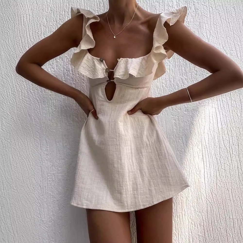 Zimmermann Casual Ruffle-Trim Mini Dress in Cream - Picture 2 of 5